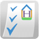 A white paper with a blue check mark and a green h.